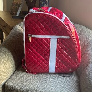 Red Quilted skkiboot Backpack with White Accents